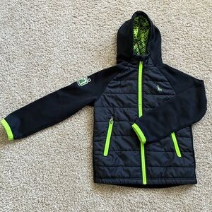 Polo Ralph Lauren kids quilted Jacket with hood, black and neon green, size 8.